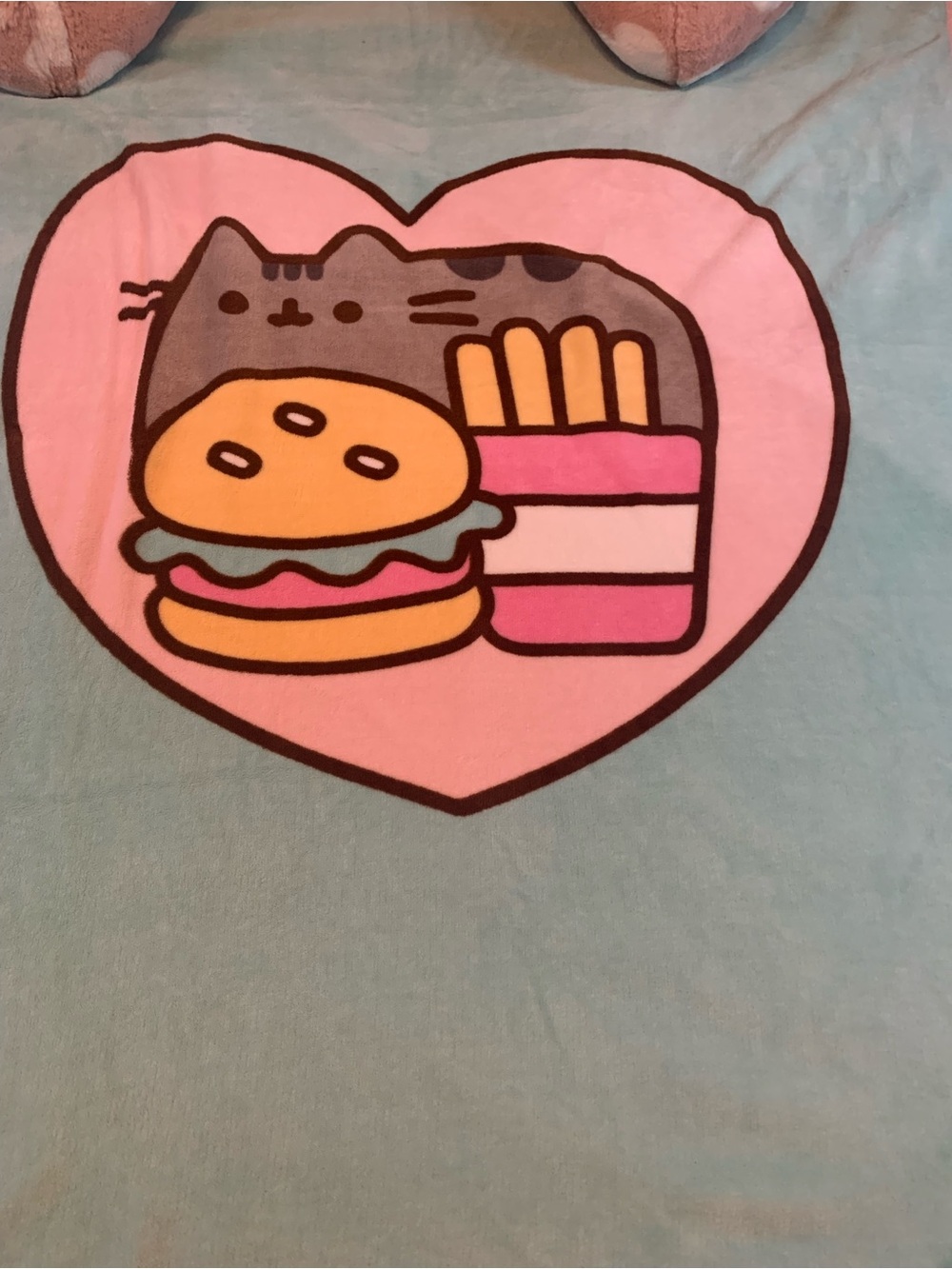 Pusheen teal Cat Burger & Fries and unicorn throw and heart husband pillow